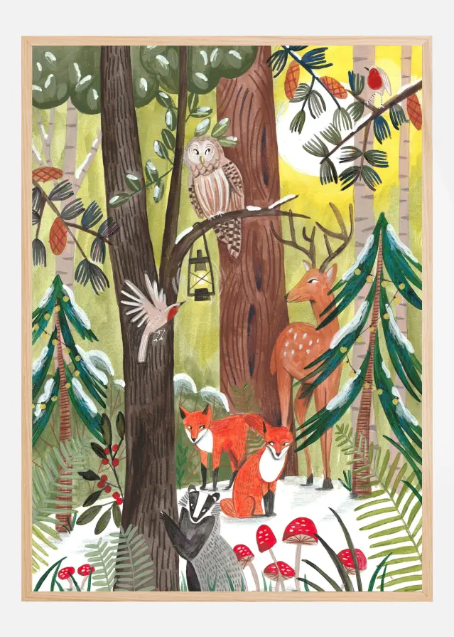 Green Christmas forest with animals Plakat