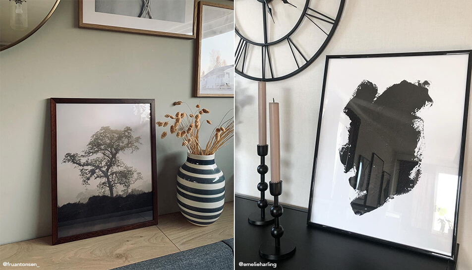 Obrazy ustawione na kredensie w salonie