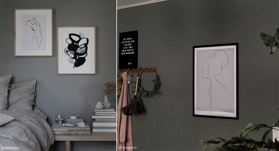 Jasne, graficzne plakaty na ciemnych ścianach