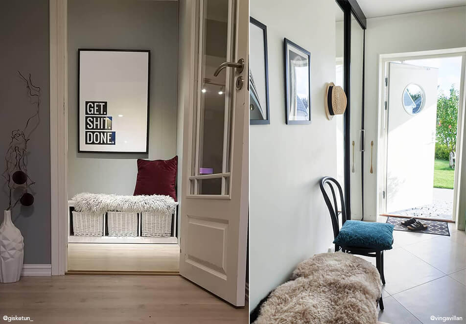 Wystrój przedpokoju - ławka z przechowywaniem, czarne krzesło i obrazy