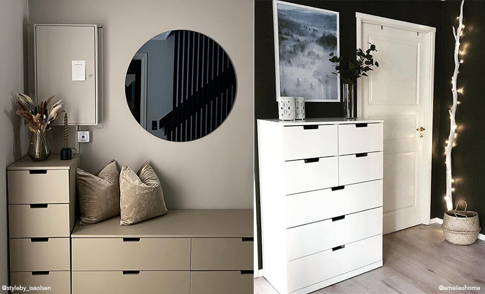 Wystrój przedpokoju - ławka z przechowywaniem i biała komoda