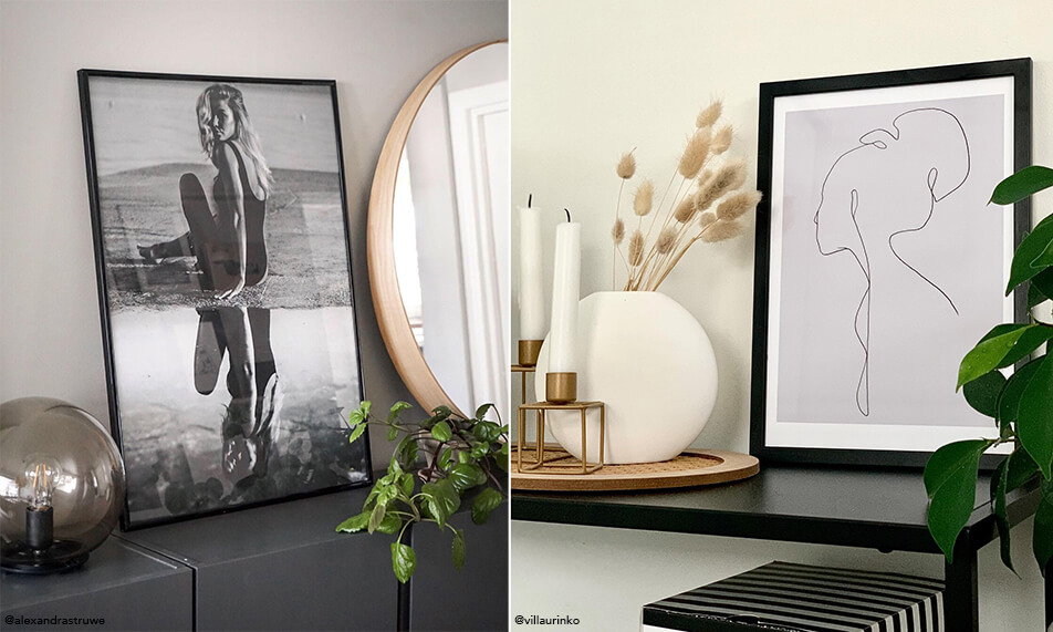 Stylowe wnętrze z czarnymi ramami i zielonymi roślinami