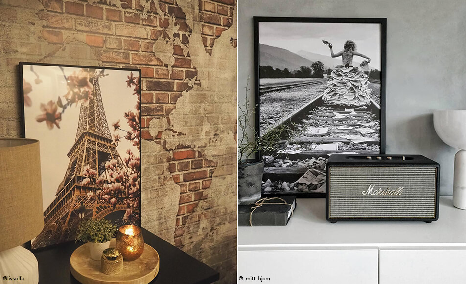 Obraz z Wieżą Eiffla na tle ceglanej tapety - czarno-biały obraz i głośniki