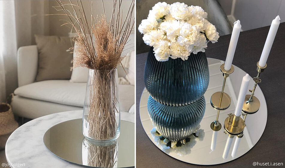 Okrągłe lustro jako taca na świece i kwiaty