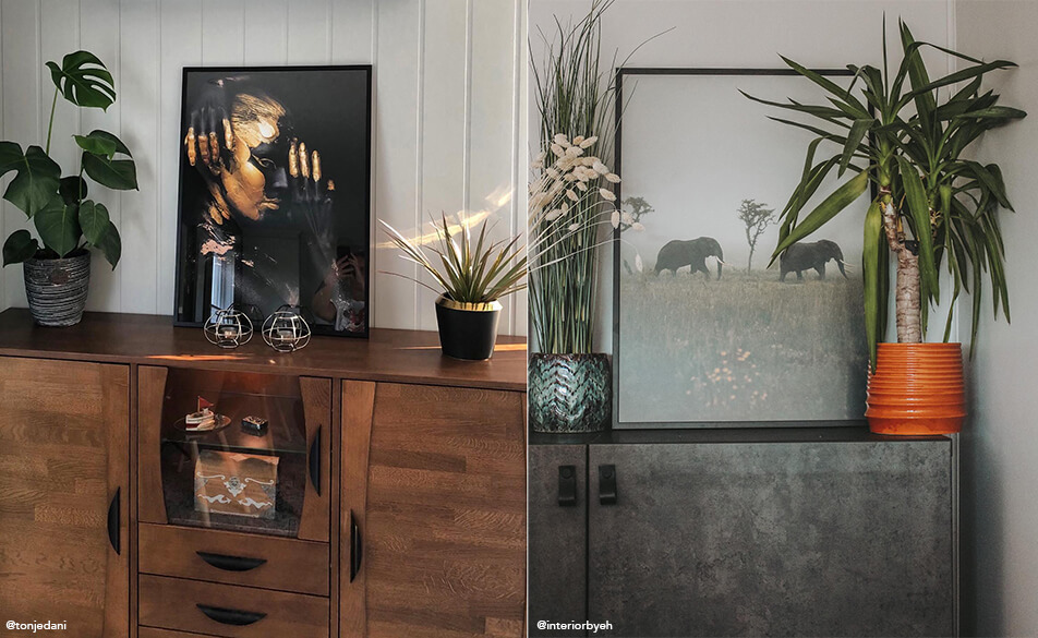 Obrazy i rośliny ustawione na kredensie