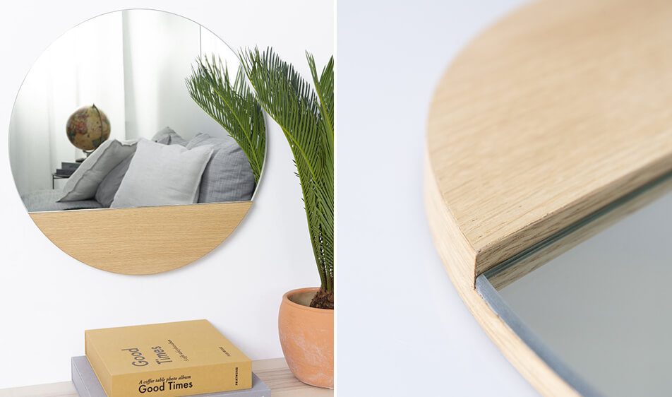 Okrągłe lustro z ramą dębową - nietypowe lustro