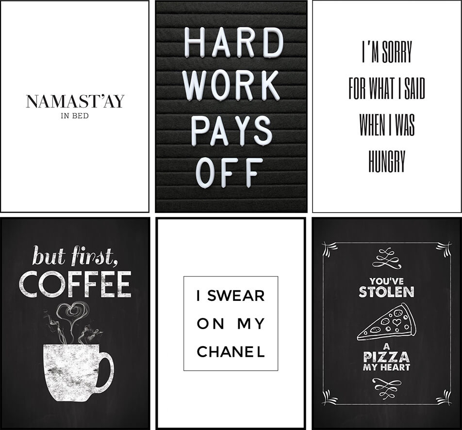 Czarno-białe plakaty z tekstami i cytatami