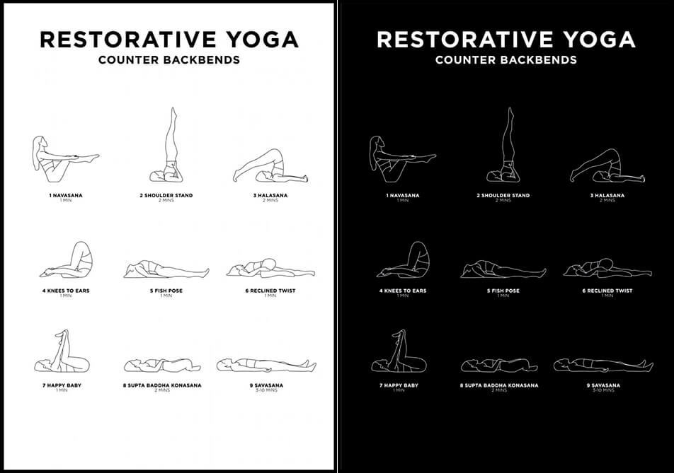 Plakat jogi w czarnym lub białym - Restorative yoga